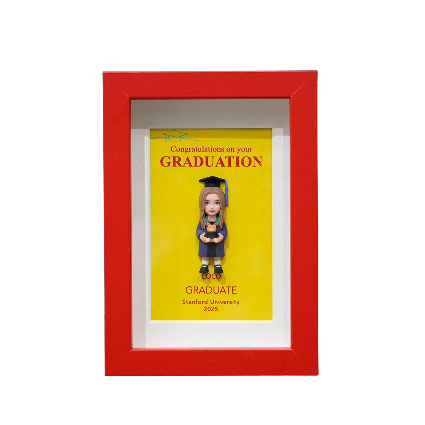 Graduation-themed card with a figurine in a red frame on a white background