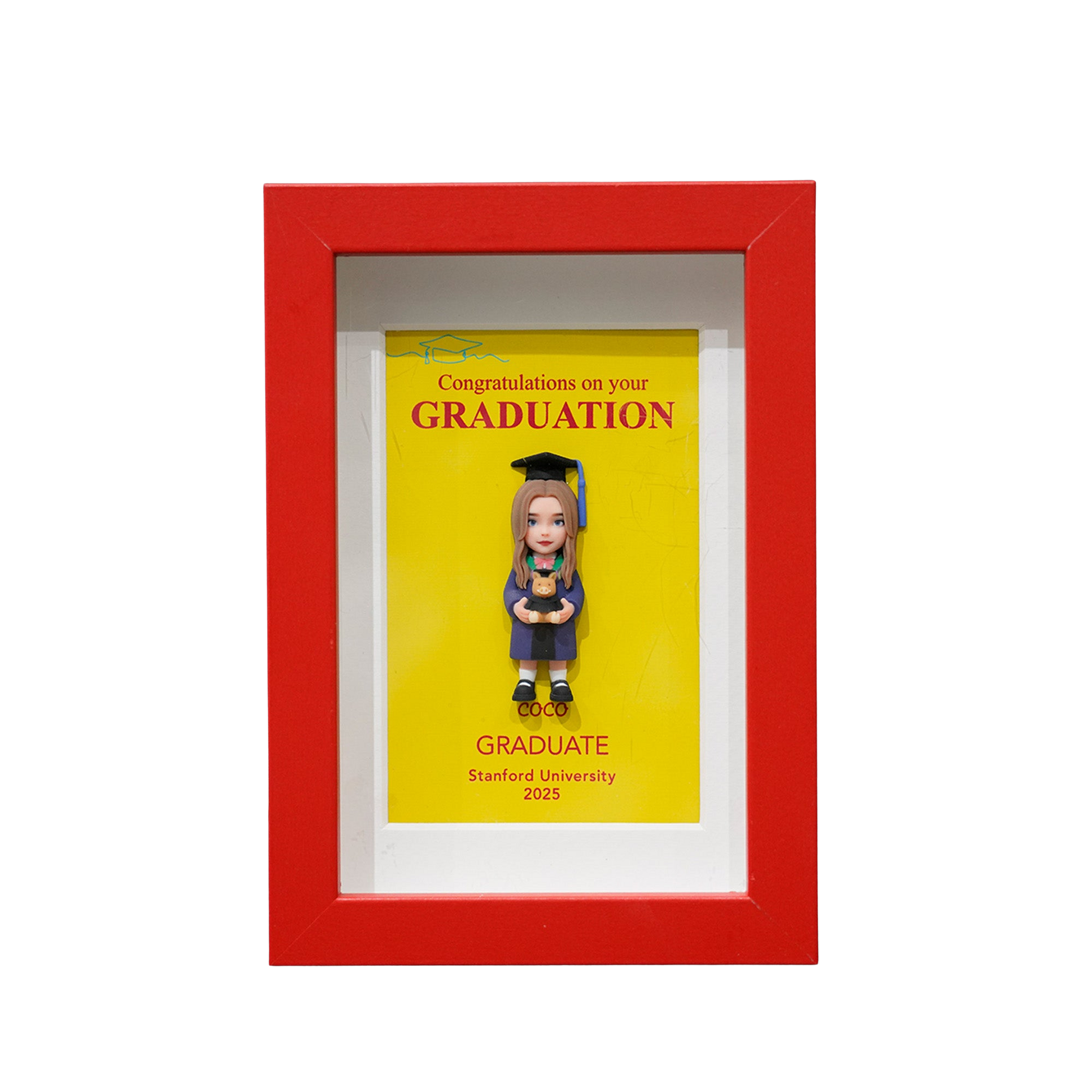 Graduation-themed card with a figurine in a red frame on a white background