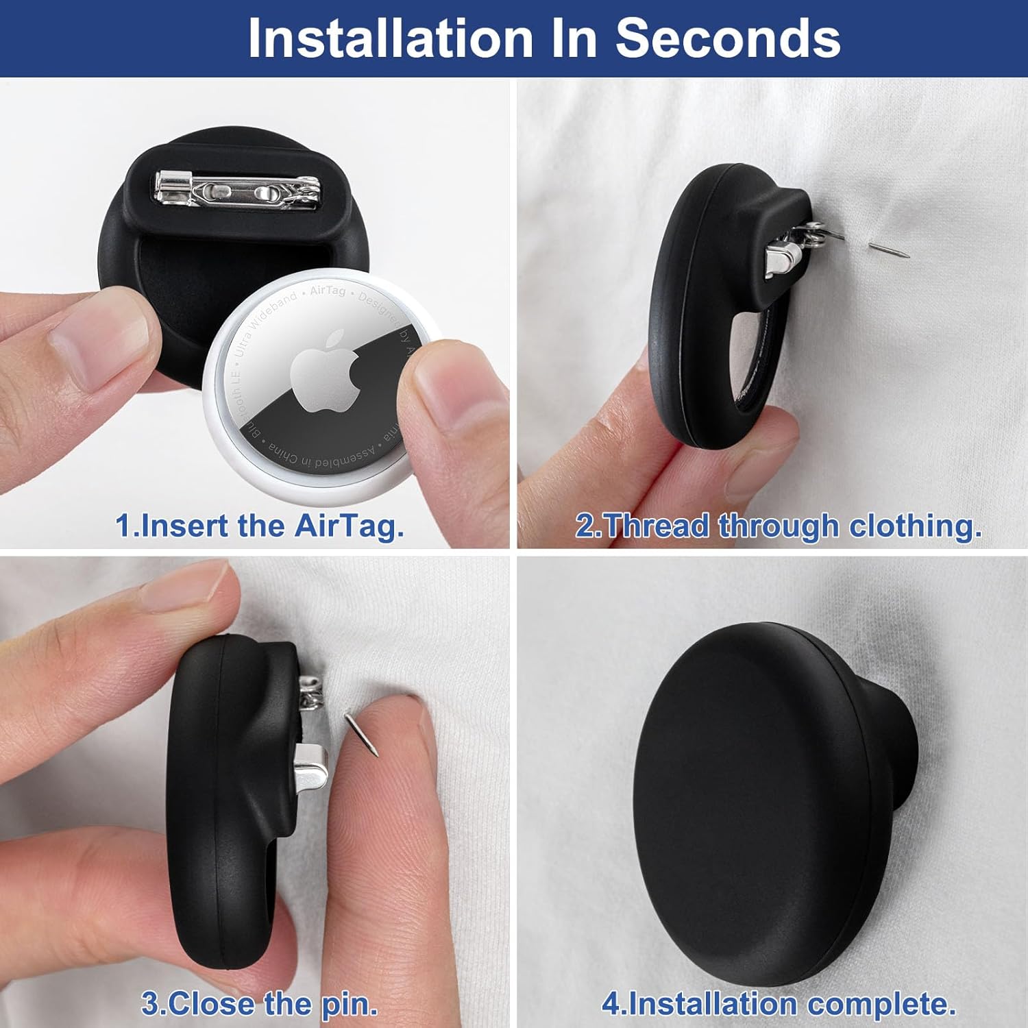 Apple Airtag Holder for Kids, 2 Pack Silicone Airtag Case with Safety Pins, GPS Tracker Case for Children, Elderly, Hidden Inside Clothes, Shoe, Backpack (Black+Blue) - OOOMG