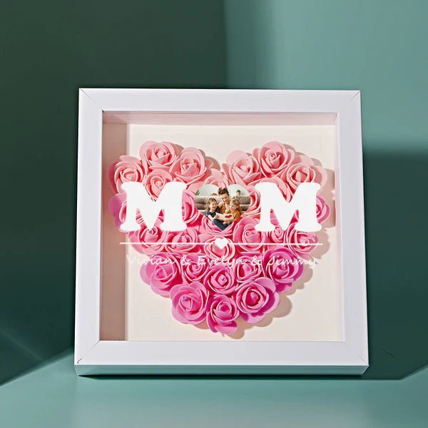 Custom Photo Flower Shadow Box Personalized Heart Gradient Pink Flower Shadowbox Frame Gift for Mom - OOOMG