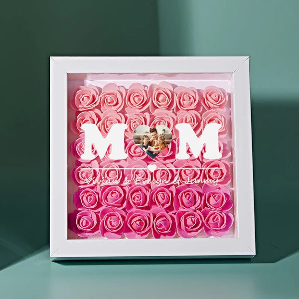 Custom Photo Flower Shadow Box Personalized Heart Gradient Pink Flower Shadowbox Frame Gift for Mom - OOOMG