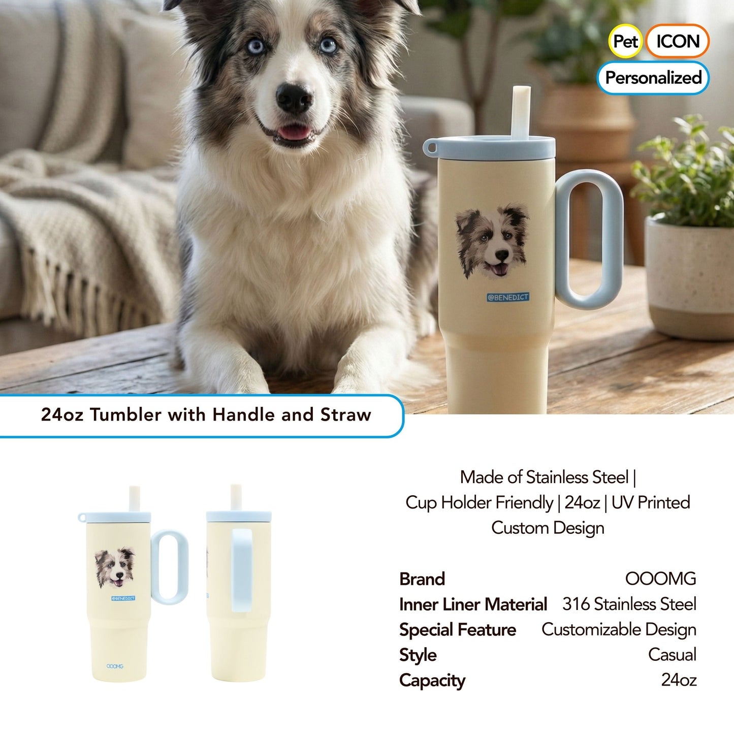 24 oz Custom Pet Portrait Tumbler - Personalized Dog&Cat - Themed Insulated Travel Mug with Handle and Straw Lid - OOOMG