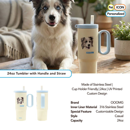 24 oz Custom Pet Portrait Tumbler - Personalized Dog&Cat - Themed Insulated Travel Mug with Handle and Straw Lid - OOOMG