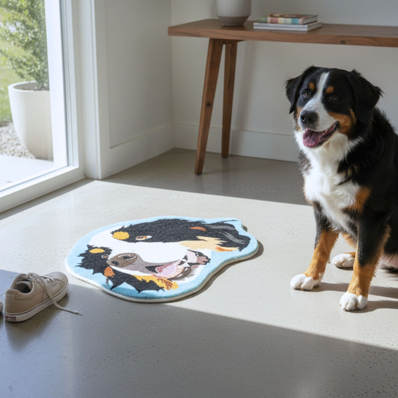 Dog standing next to a dog-shaped rug on a light-colored floor.