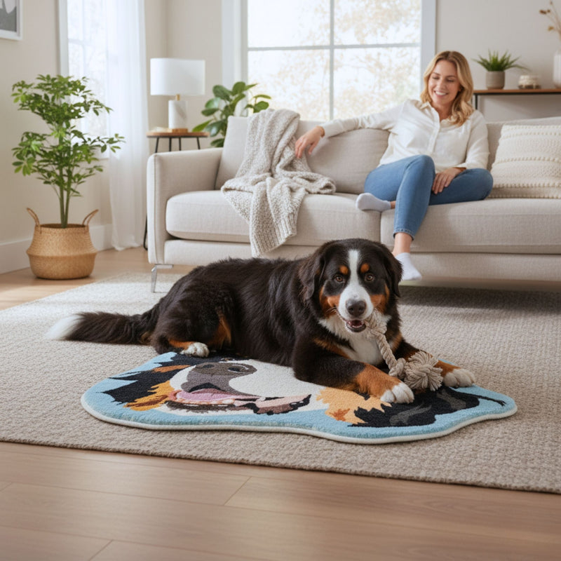 Dog lying on a colorful rug in a living room with a woman sitting on a couch.