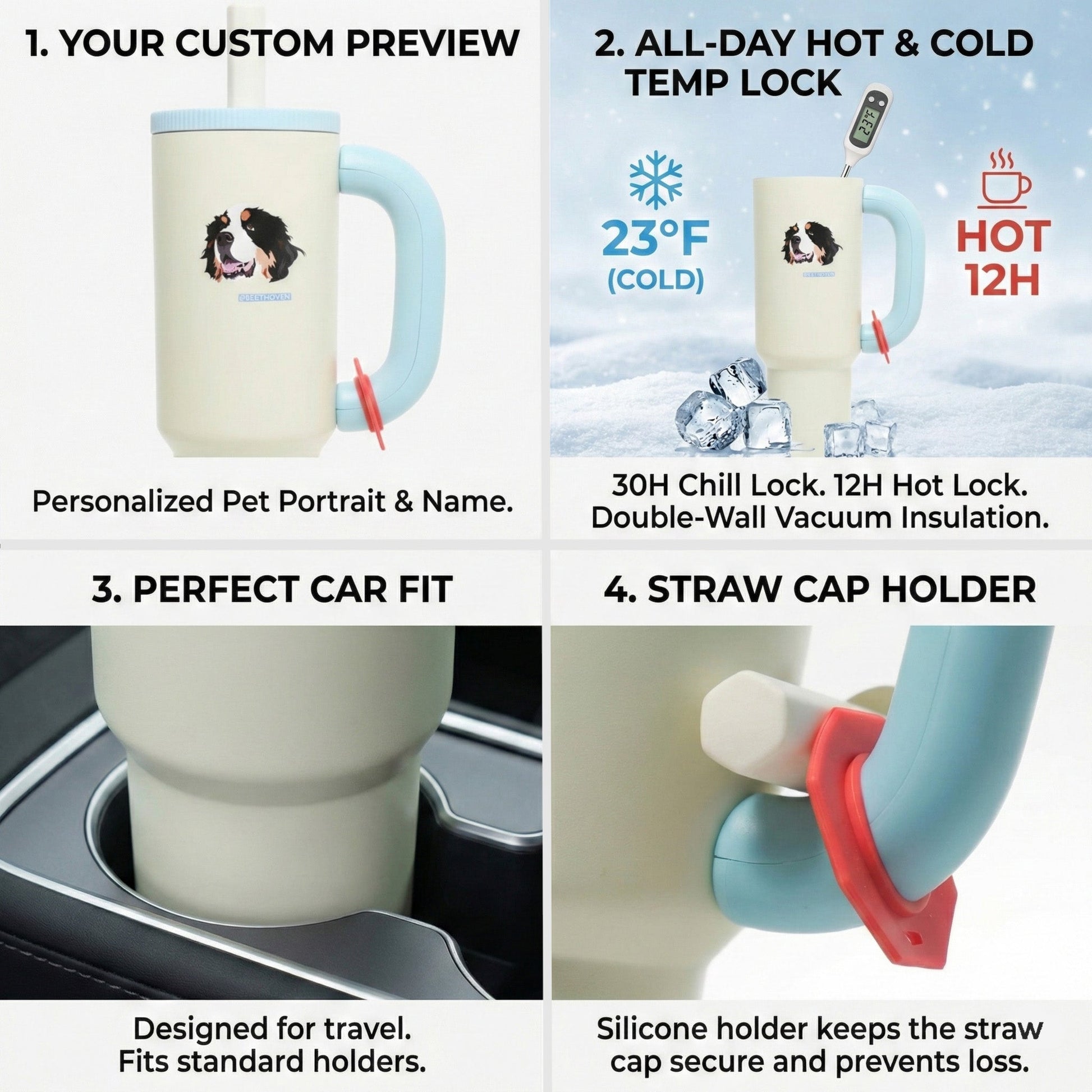 40oz Custom Pet Portrait Tumbler - Personalized Dog&Cat - Themed Insulated Travel Mug with Handle and Straw Lid - OOOMG