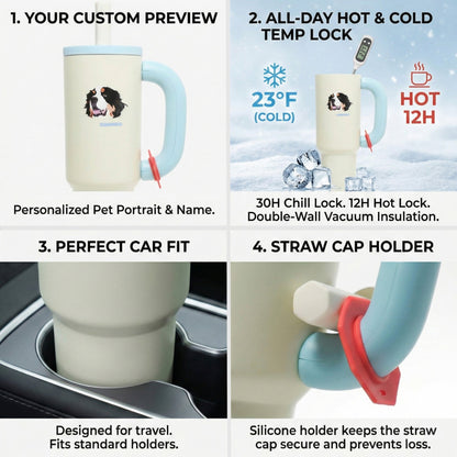 40oz Custom Pet Portrait Tumbler - Personalized Dog&Cat - Themed Insulated Travel Mug with Handle and Straw Lid - OOOMG