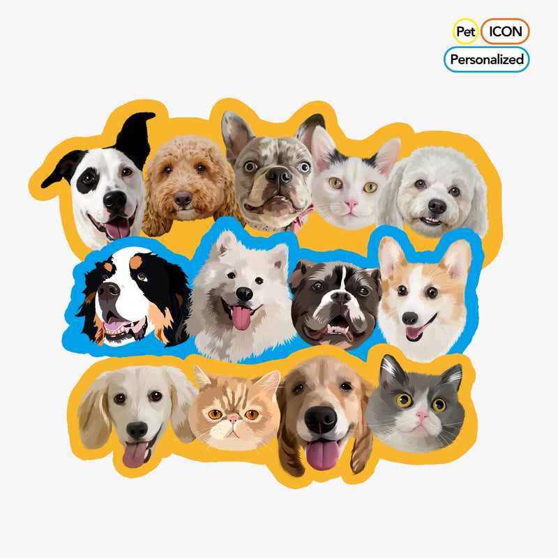 Collection of dog and cat faces arranged in a grid on a white background with 'Pet Icon Personalized' branding.