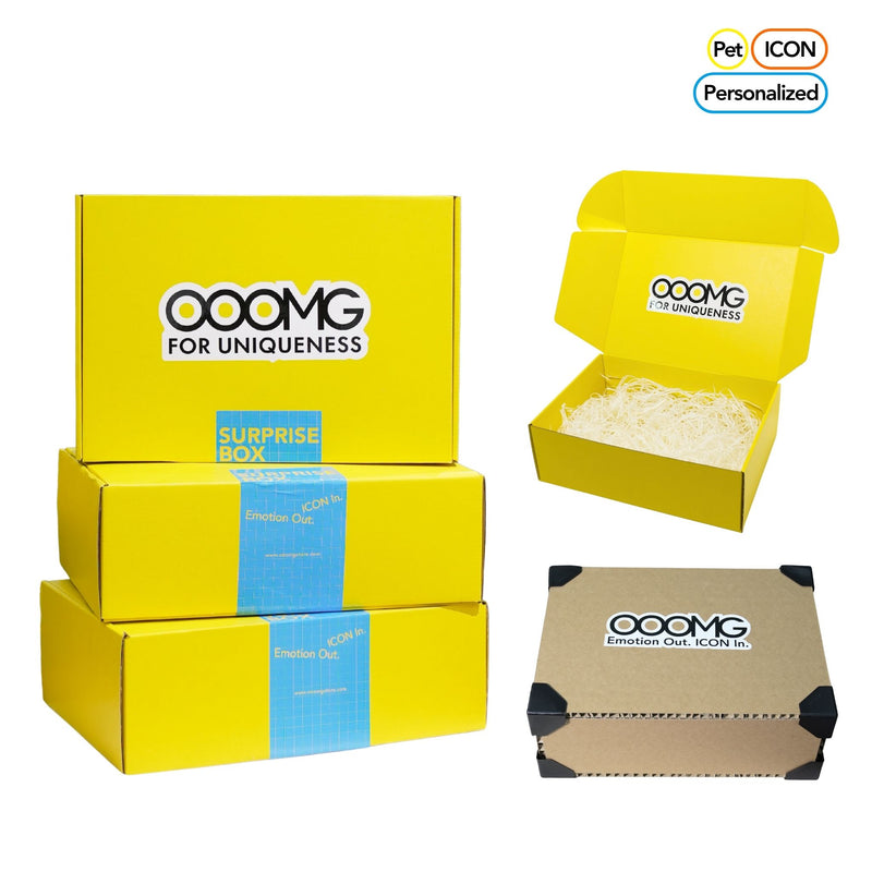 Yellow boxes with 'OOMG' branding on a white background