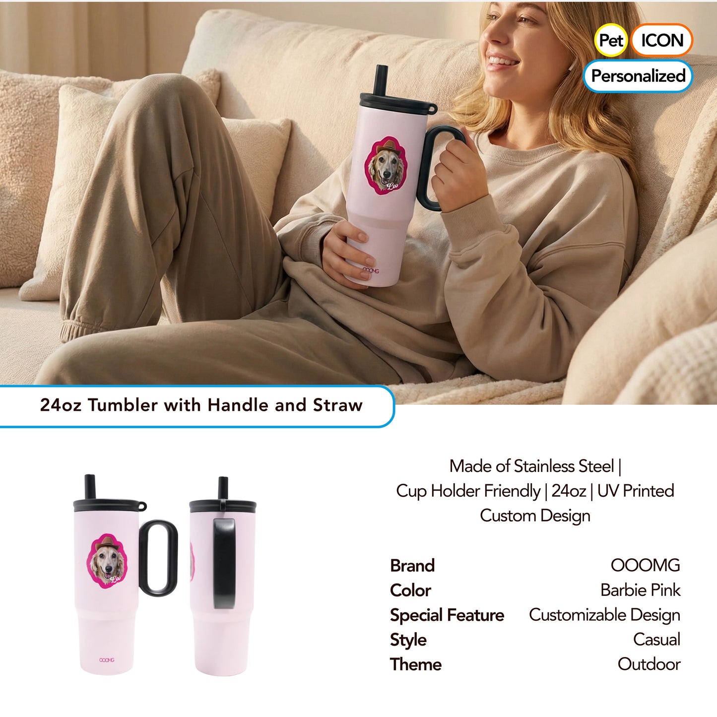 Woman holding a pink tumbler with a custom design on a couch, with product details displayed.