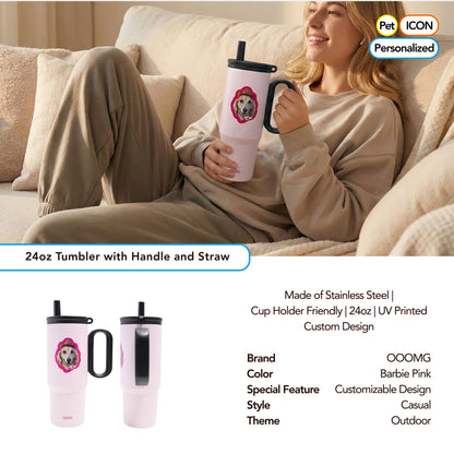 Woman holding a pink tumbler with a custom design on a couch, with product details displayed.