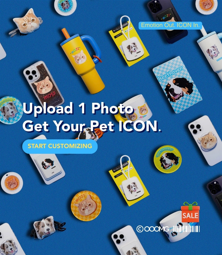 Collection of pet-themed products on a blue background with promotional text.