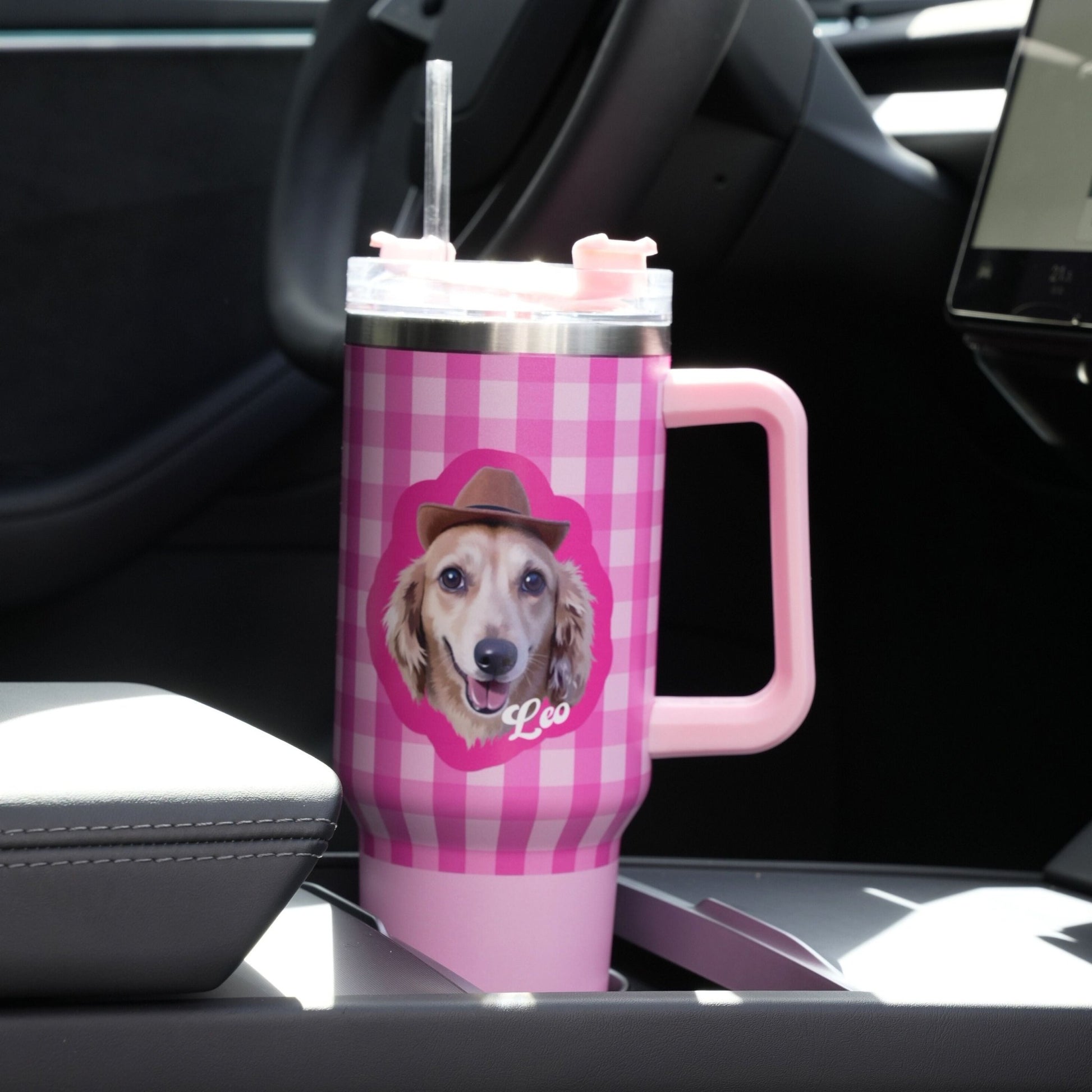Barbie Pink Custom Pet Portrait Tumbler - Personalized Dog&Cat - Themed Insulated Travel Mug with Handle and Straw Lid - OOOMG