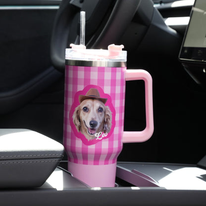 Barbie Pink Custom Pet Portrait Tumbler - Personalized Dog&Cat - Themed Insulated Travel Mug with Handle and Straw Lid - OOOMG