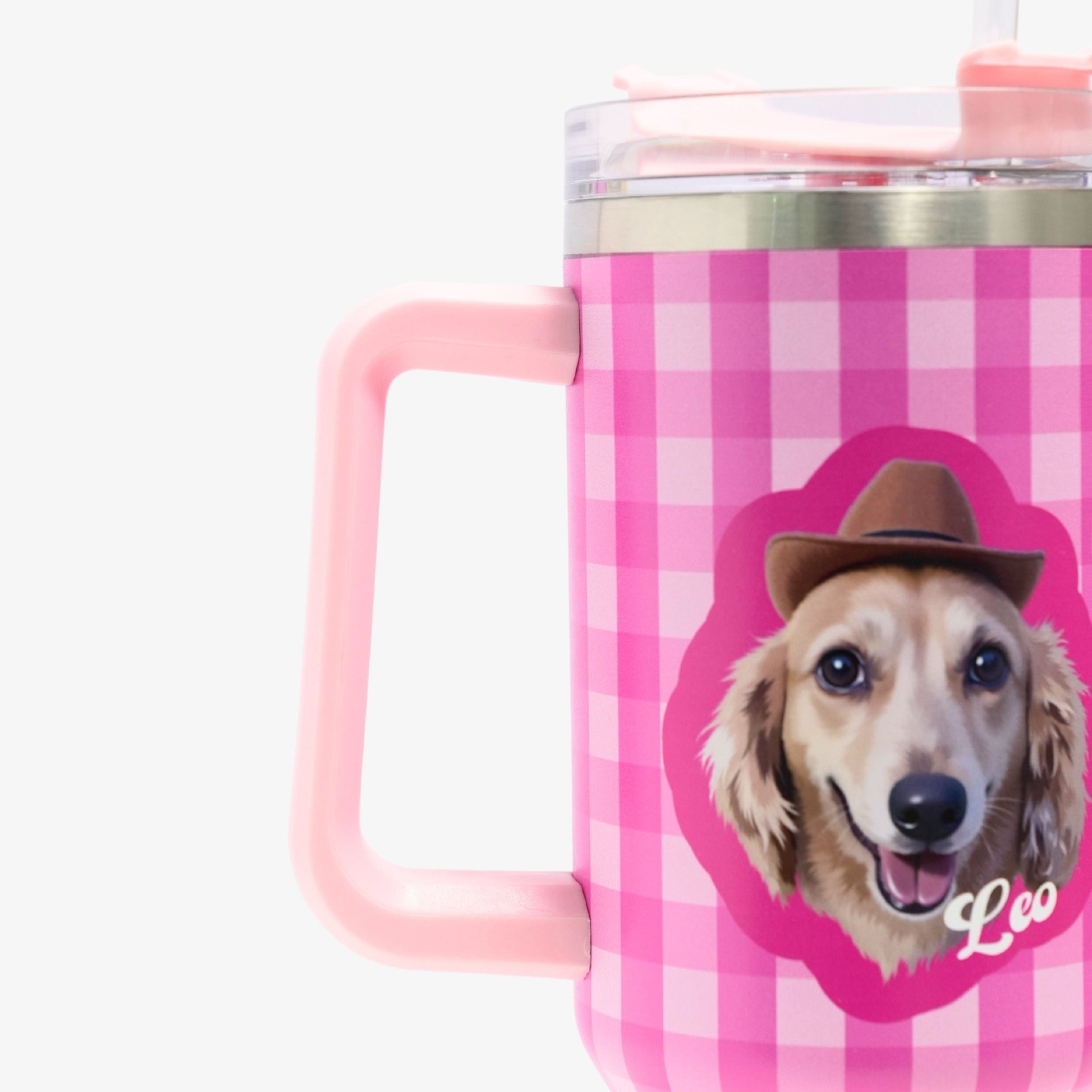 Barbie Pink Custom Pet Portrait Tumbler - Personalized Dog&Cat - Themed Insulated Travel Mug with Handle and Straw Lid - OOOMG