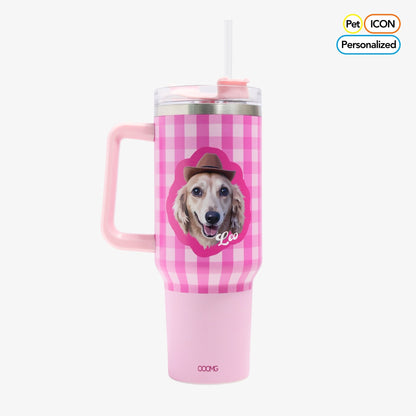 Barbie Pink Custom Pet Portrait Tumbler - Personalized Dog&Cat - Themed Insulated Travel Mug with Handle and Straw Lid - OOOMG