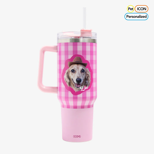 Barbie Pink Custom Pet Portrait Tumbler - Personalized Dog&Cat - Themed Insulated Travel Mug with Handle and Straw Lid - OOOMG