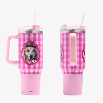 Barbie Pink Custom Pet Portrait Tumbler - Personalized Dog&Cat - Themed Insulated Travel Mug with Handle and Straw Lid - OOOMG