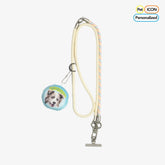 Dog leash with a personalized dog tag featuring a dog's photo on a white background.