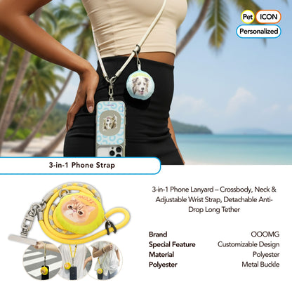 3-in-1 phone strap with customizable design on a beach background
