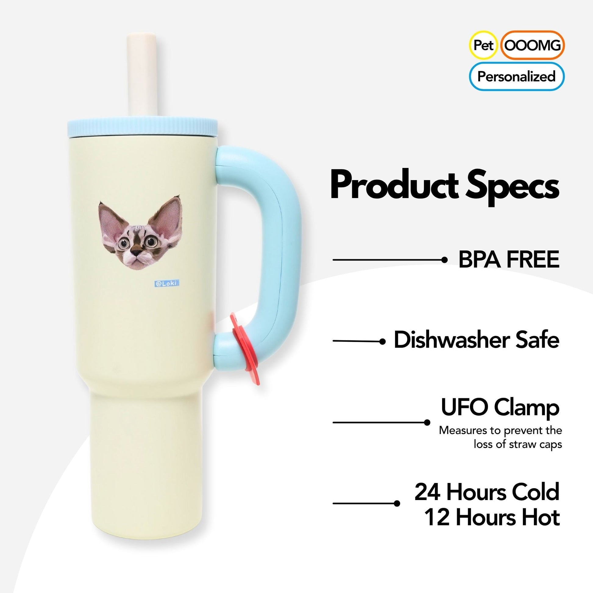 Custom Pet Portrait Tumbler - Personalized Dog&Cat - Themed Insulated Travel Mug with Handle and Straw Lid - OOOMG