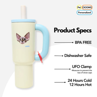 Custom Pet Portrait Tumbler - Personalized Dog&Cat - Themed Insulated Travel Mug with Handle and Straw Lid - OOOMG