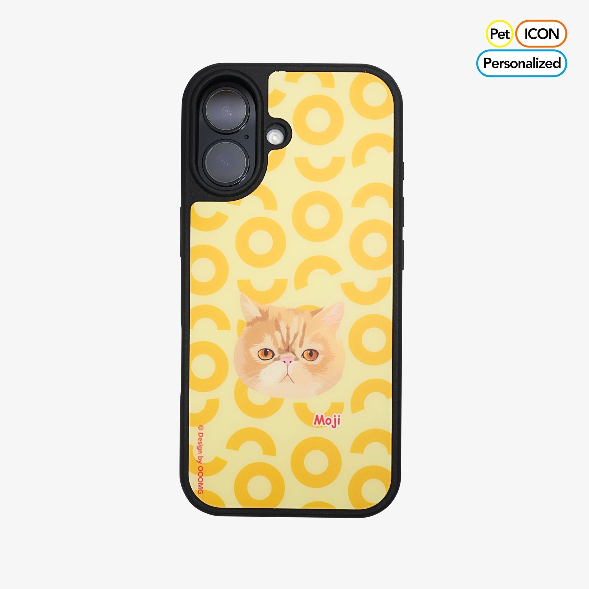 Phone case with a cat illustration and yellow pattern on a white background