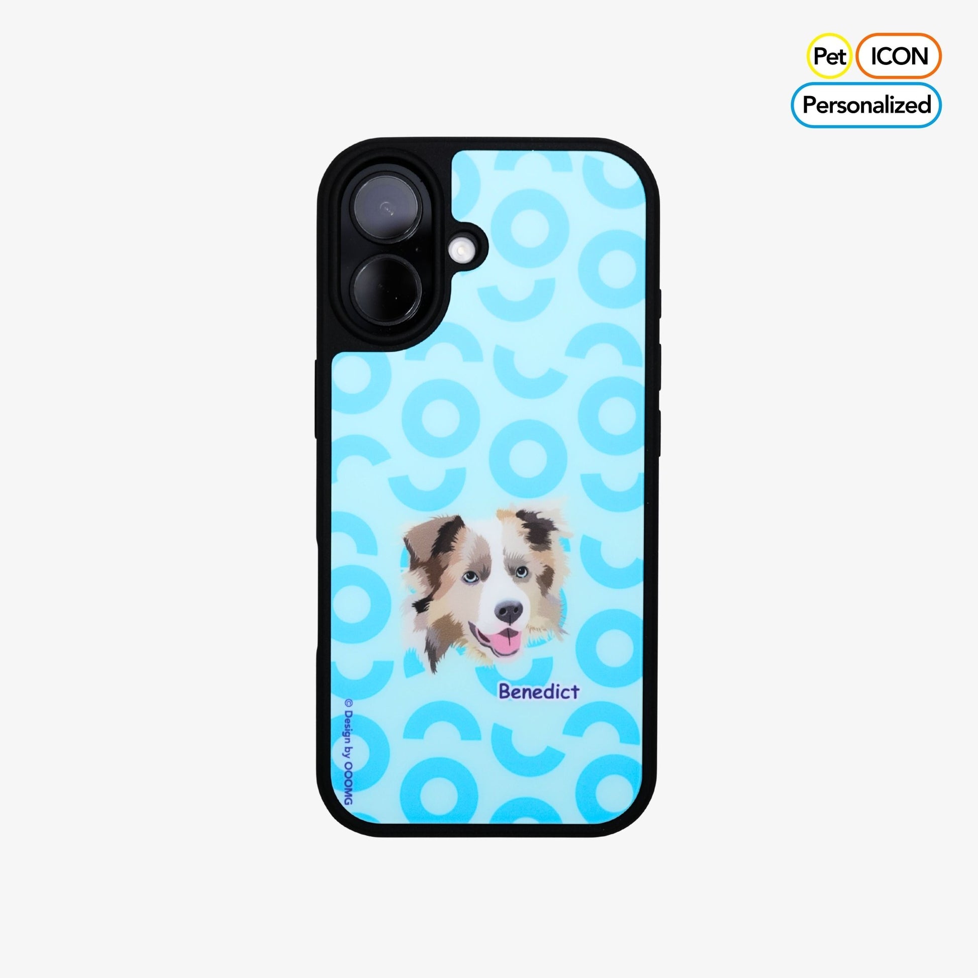 Phone case with a dog's face and name 'Benedict' on a blue patterned background