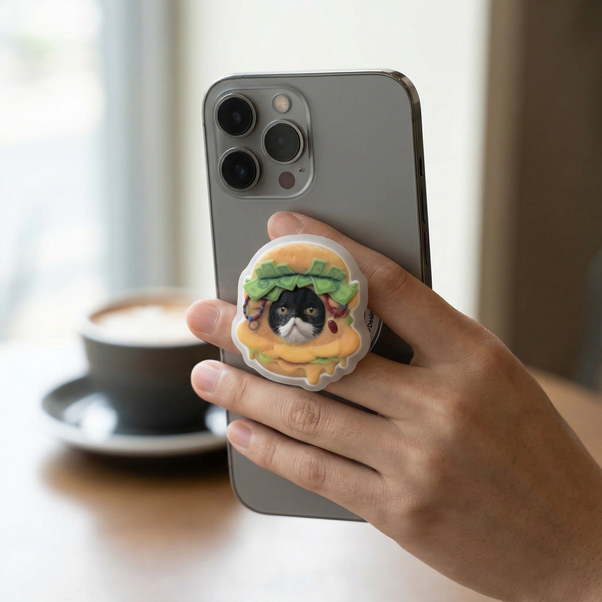 Funny Burger Cat Phone Grip | 3D Embossed Smartphone Stand & Holder - OOOMG
