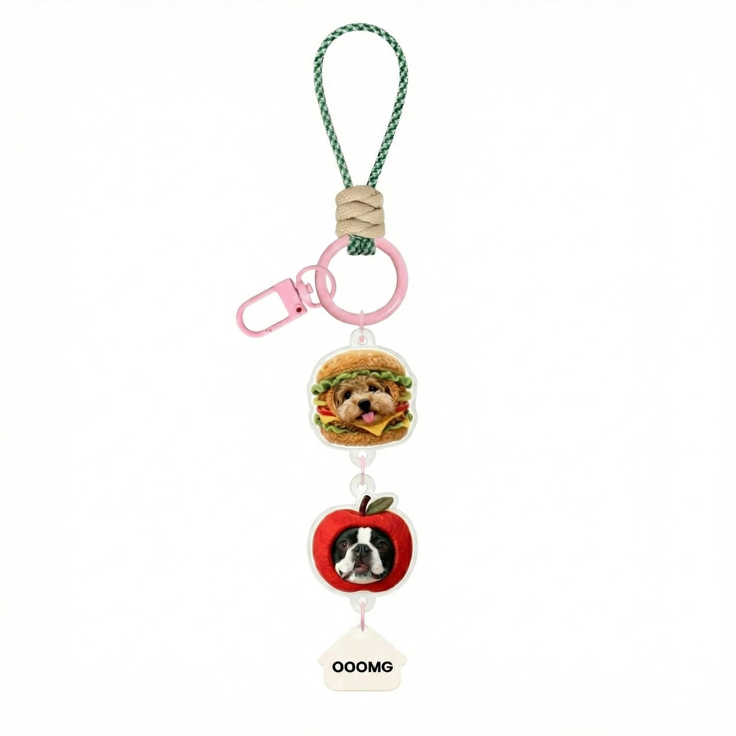 Keychain with burger and apple design on a white background