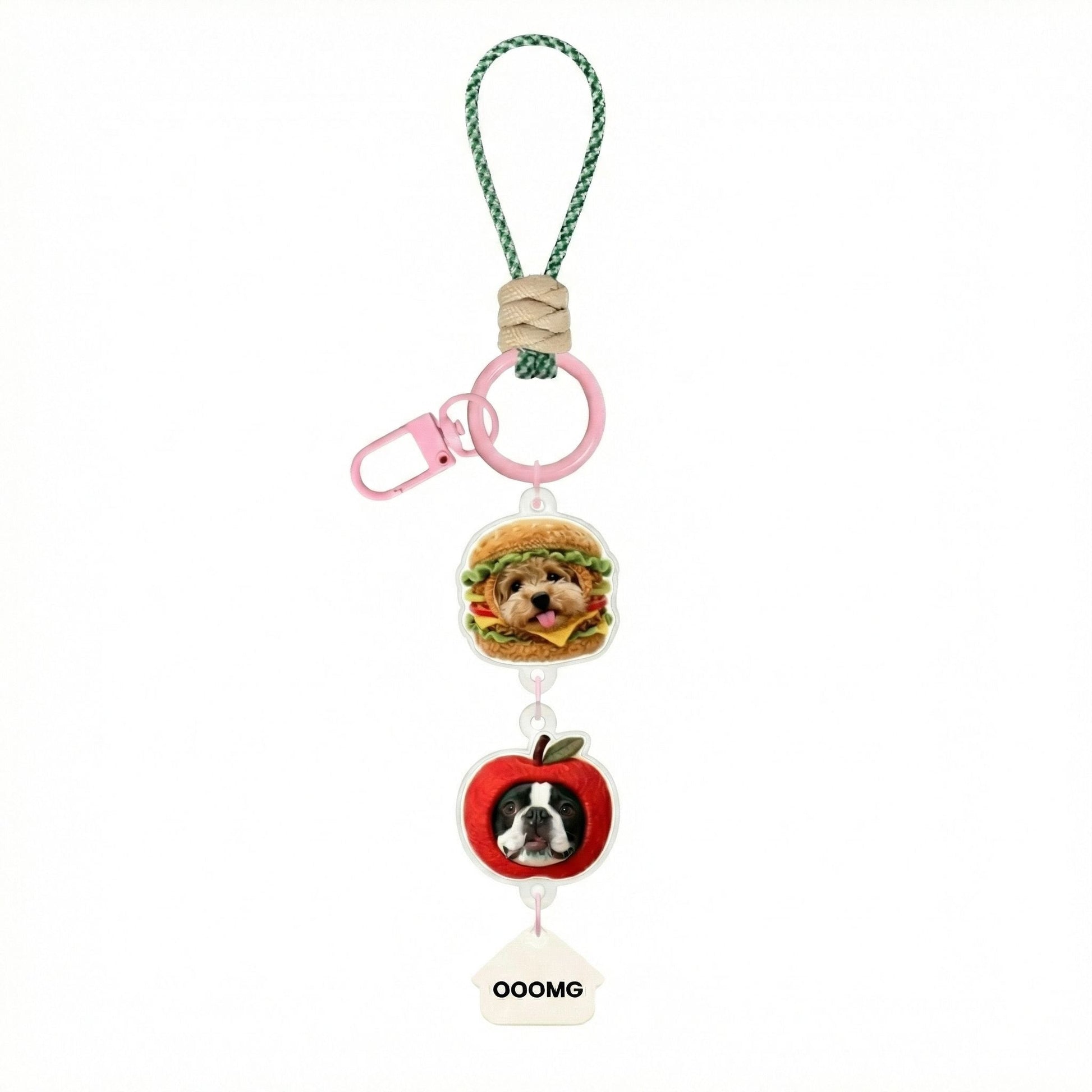 Keychain with burger and apple design on a white background