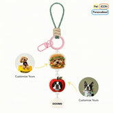 Custom 3D pop-up pet charm vertical link keychain with personalized name and funny food frames, a unique gift for dog and cat owners.