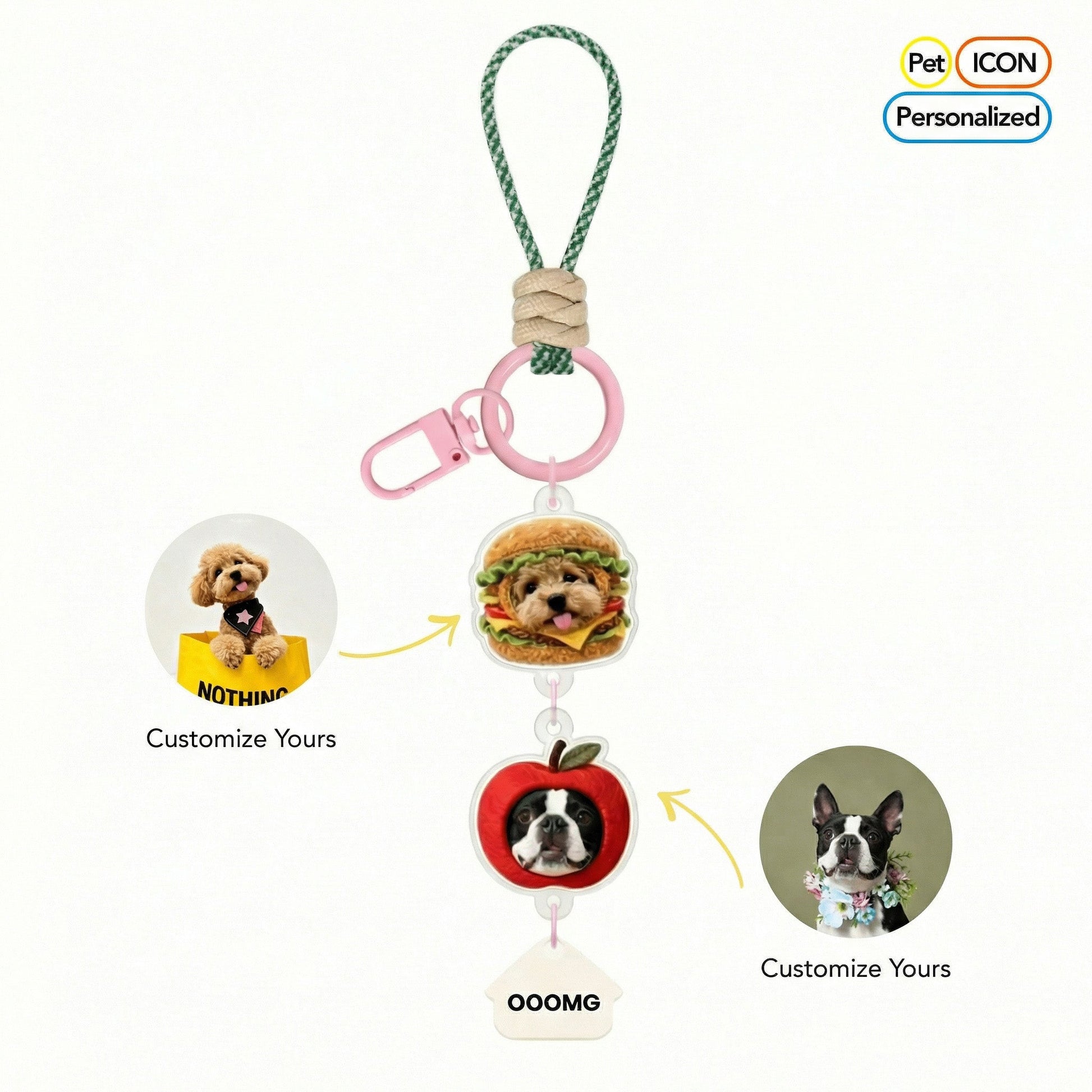 OOOMG | Custom 3D Pop - up Pet Charm – Vertical Link Keychain with Name – Funny Food Frames - OOOMG
