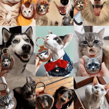 Collage of pet portraits on keychains with various animals.