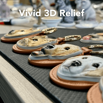 Dog-shaped keychains with 3D relief on a gray surface, with 'Vivid 3D Relief' text above.