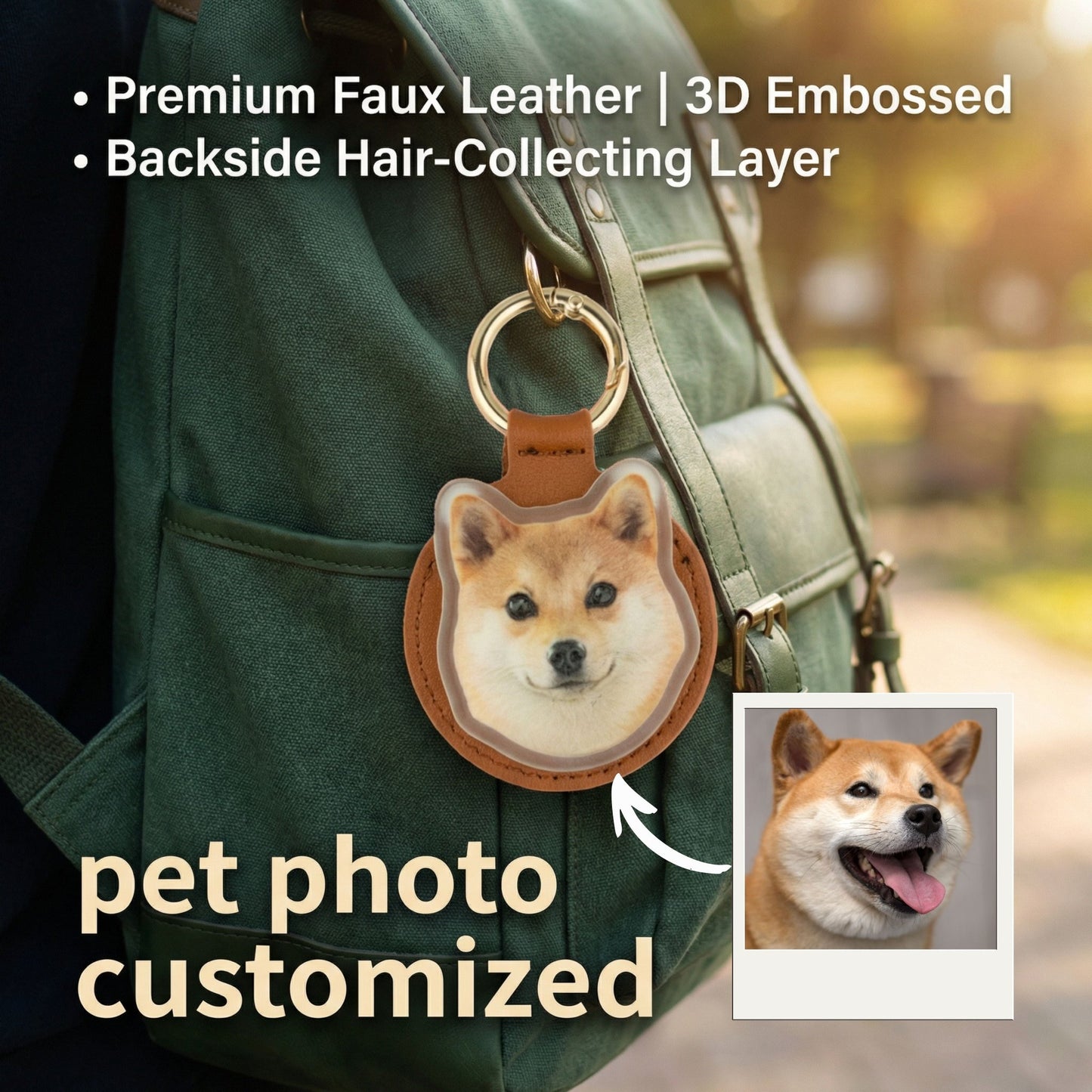 Leather keychain with dog design attached to a green backpack, with text highlighting features.