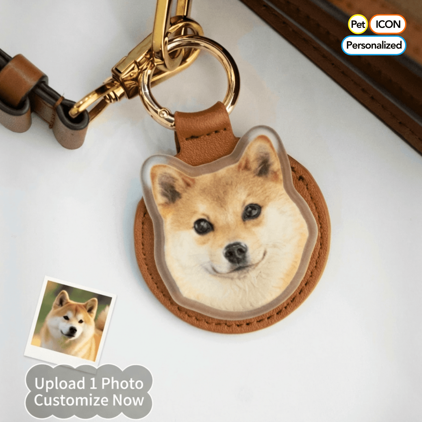 Personalized keychain with a dog's face design on a white background