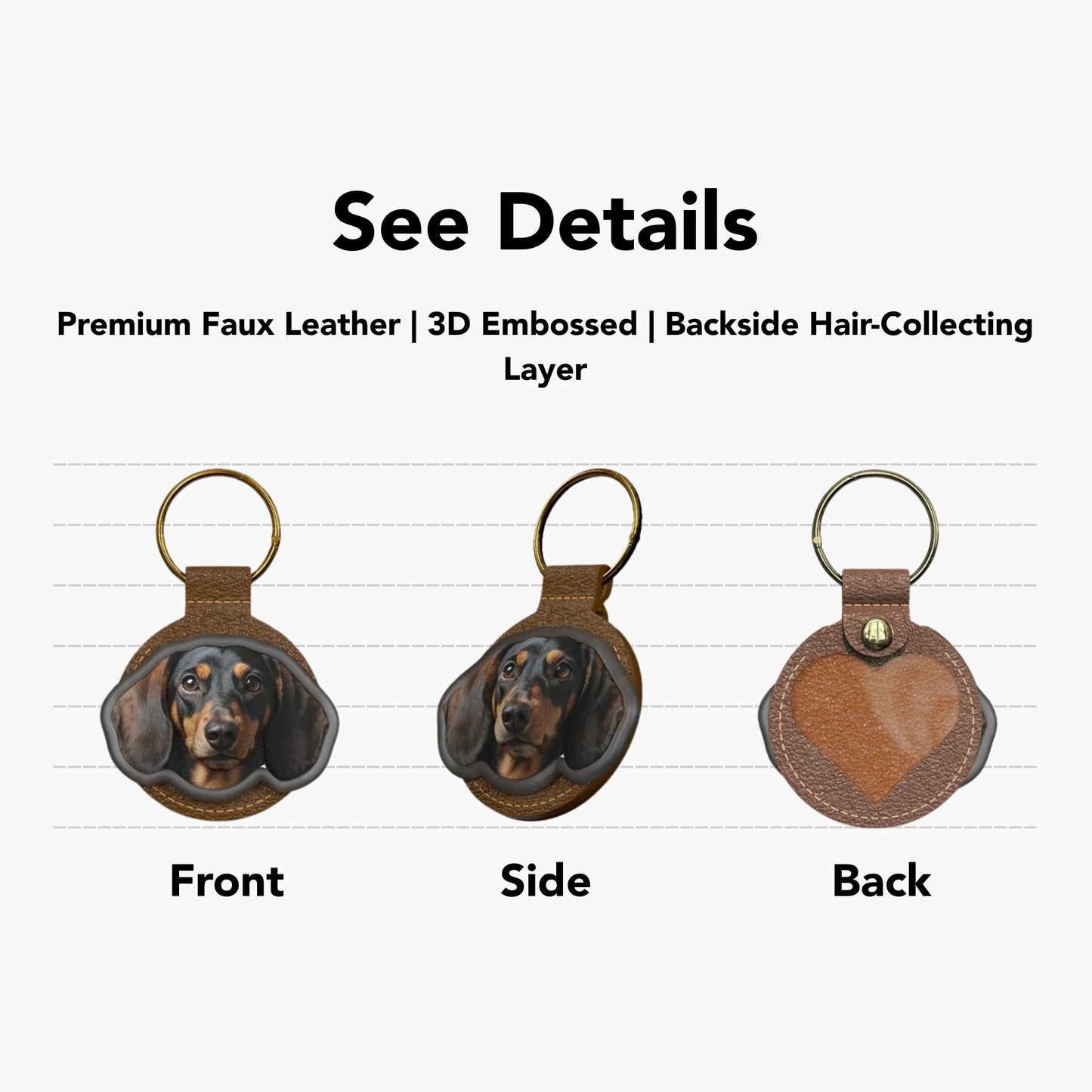 Three views of a dog-themed keychain with 3D embossed design on a white background.