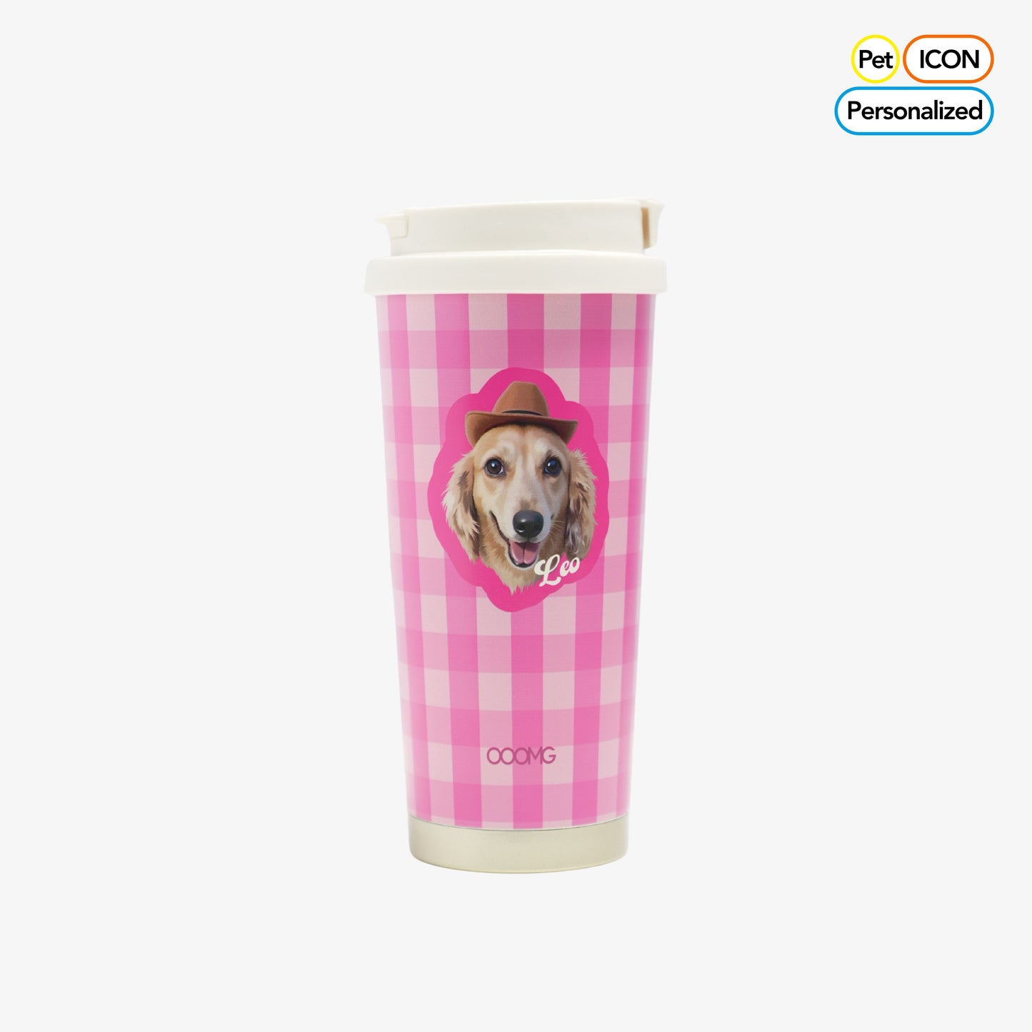 Personalized Pink Gingham Pet Portrait Travel Tumbler – Insulated Stainless Steel Coffee Mug with Pop - Up Straw & Carrying Strap - OOOMG