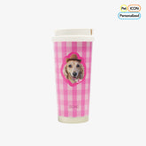 Personalized Pink Gingham Pet Portrait Travel Tumbler – Insulated Stainless Steel Coffee Mug with Pop - Up Straw & Carrying Strap - OOOMG