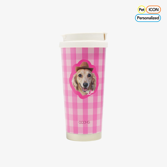 Personalized Pink Gingham Pet Portrait Travel Tumbler – Insulated Stainless Steel Coffee Mug with Pop - Up Straw & Carrying Strap - OOOMG