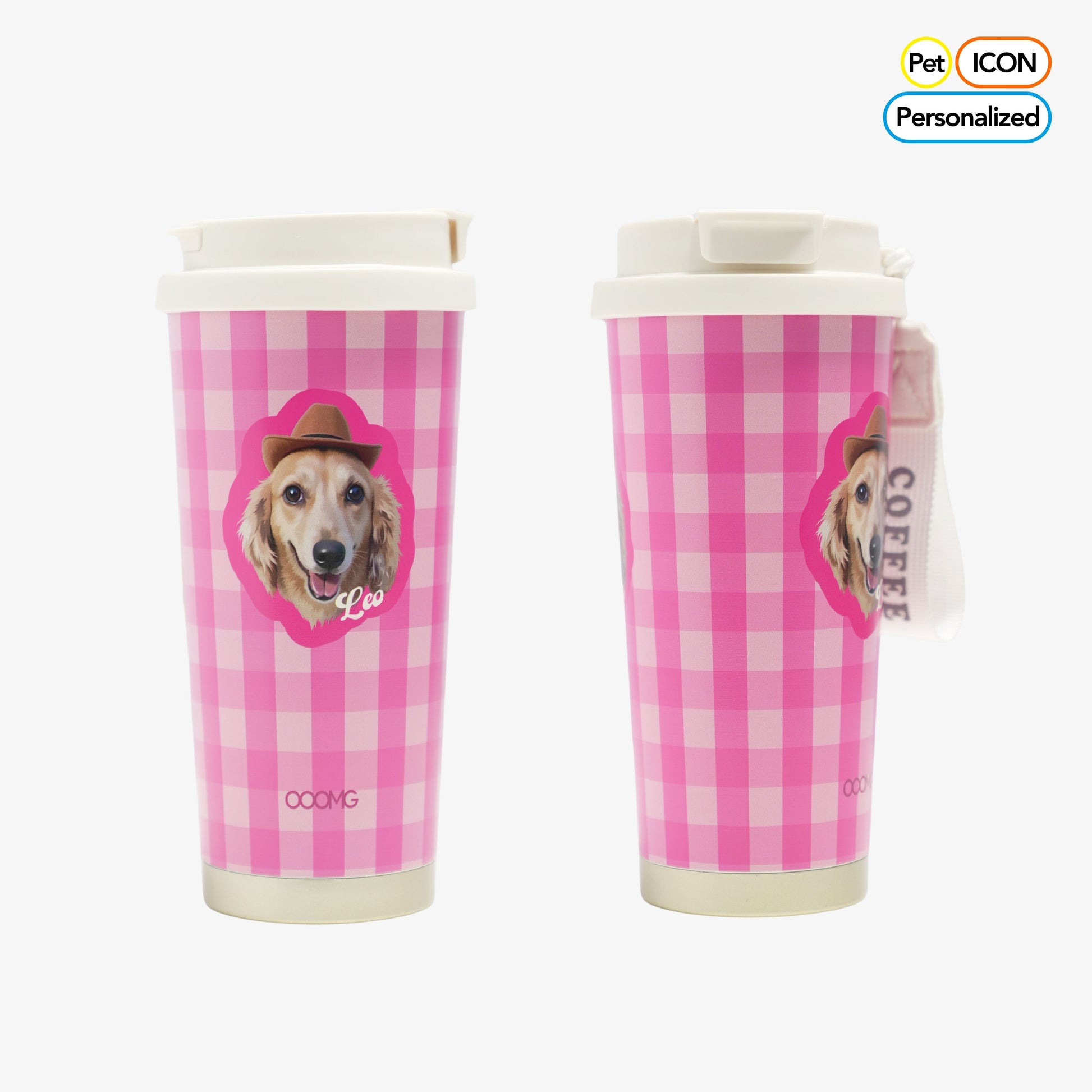 Personalized Pink Gingham Pet Portrait Travel Tumbler – Insulated Stainless Steel Coffee Mug with Pop - Up Straw & Carrying Strap - OOOMG