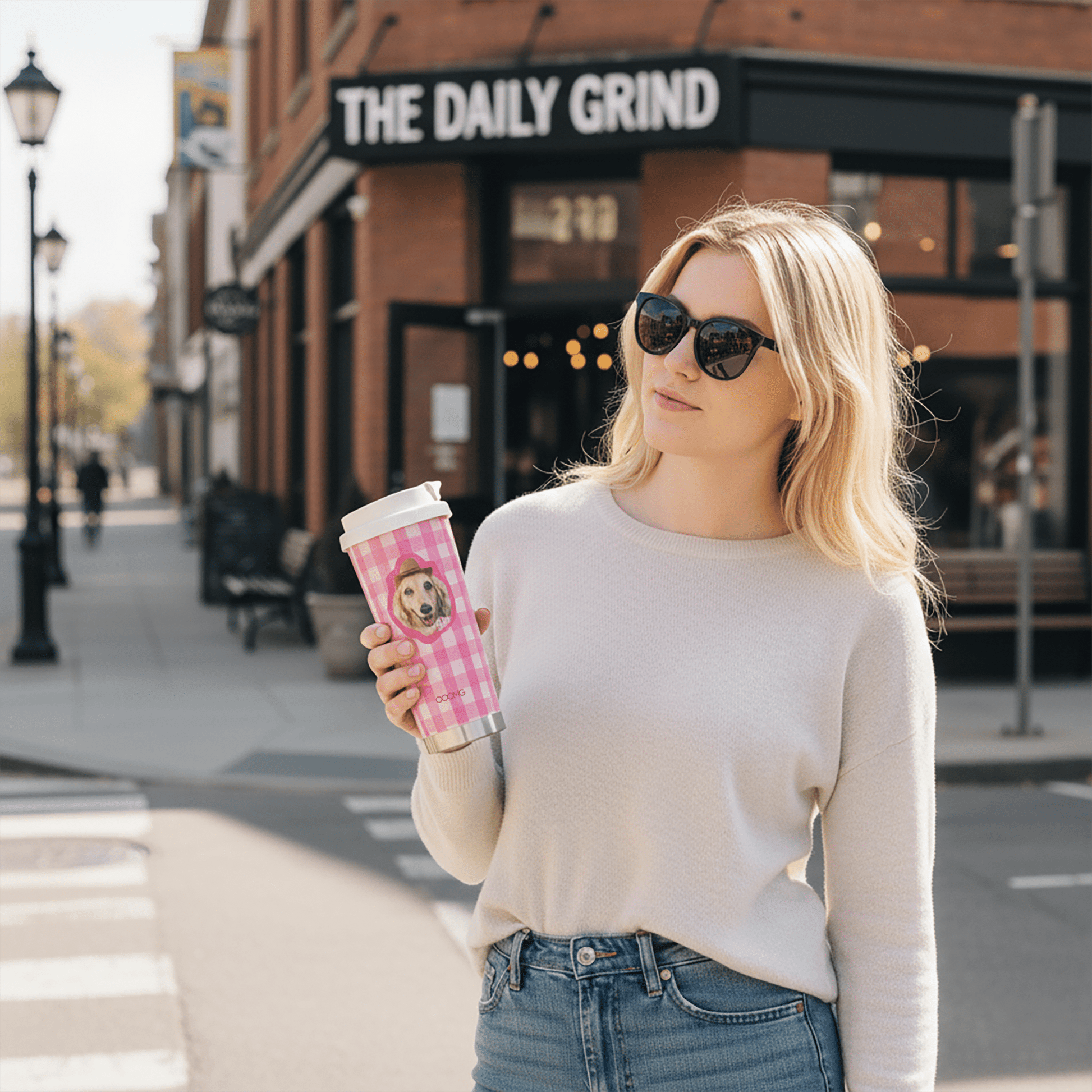 Personalized Pink Gingham Pet Portrait Travel Tumbler – Insulated Stainless Steel Coffee Mug with Pop - Up Straw & Carrying Strap - OOOMG