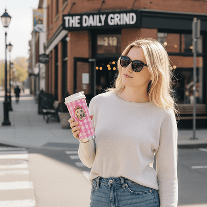 Personalized Pink Gingham Pet Portrait Travel Tumbler – Insulated Stainless Steel Coffee Mug with Pop - Up Straw & Carrying Strap - OOOMG