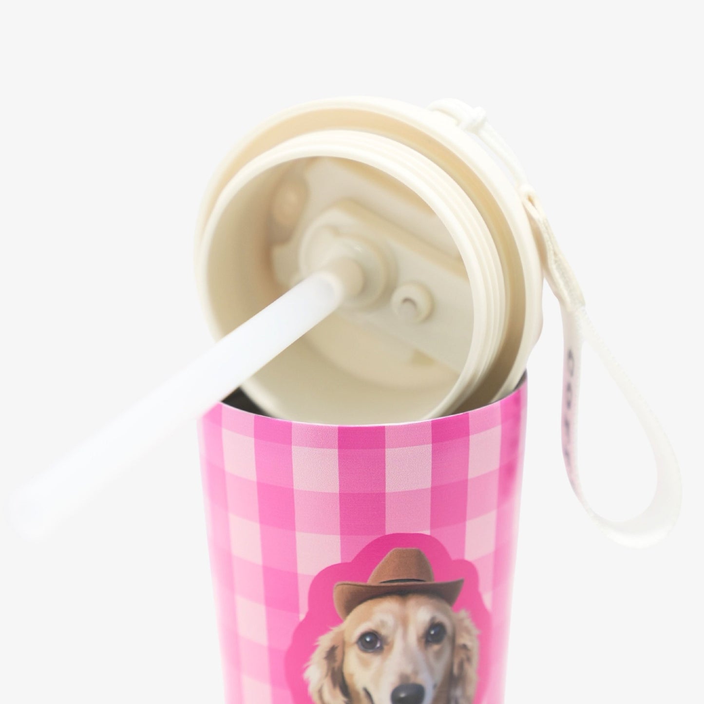 Personalized Pink Gingham Pet Portrait Travel Tumbler – Insulated Stainless Steel Coffee Mug with Pop - Up Straw & Carrying Strap - OOOMG