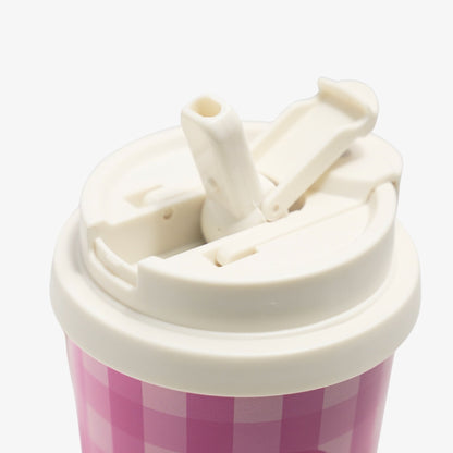 Personalized Pink Gingham Pet Portrait Travel Tumbler – Insulated Stainless Steel Coffee Mug with Pop - Up Straw & Carrying Strap - OOOMG