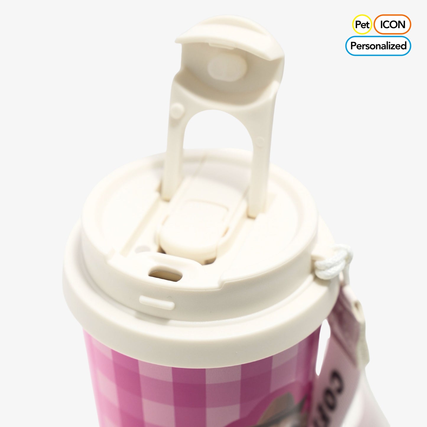 Personalized Pink Gingham Pet Portrait Travel Tumbler – Insulated Stainless Steel Coffee Mug with Pop - Up Straw & Carrying Strap - OOOMG