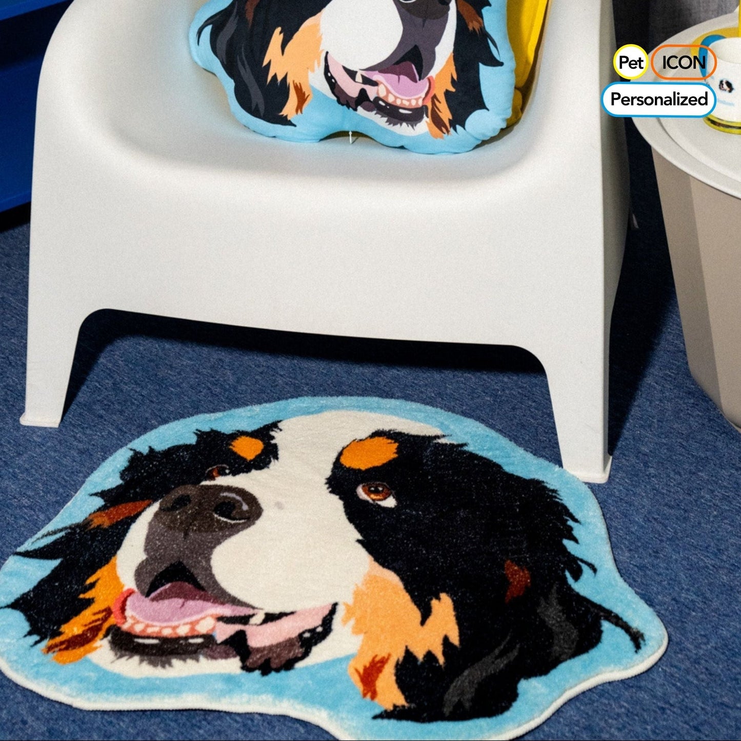 Round rug with a dog design on a blue carpet next to a white chair.